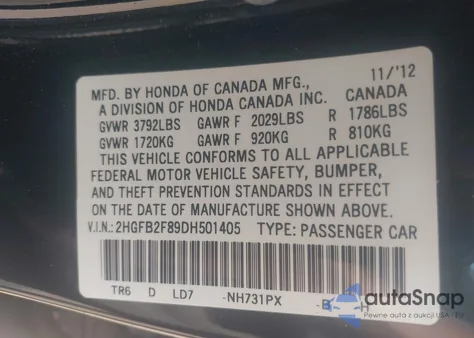 2013 Honda Civic Ex из США, поврежденный, VIN 2HGFB2F89DH501405